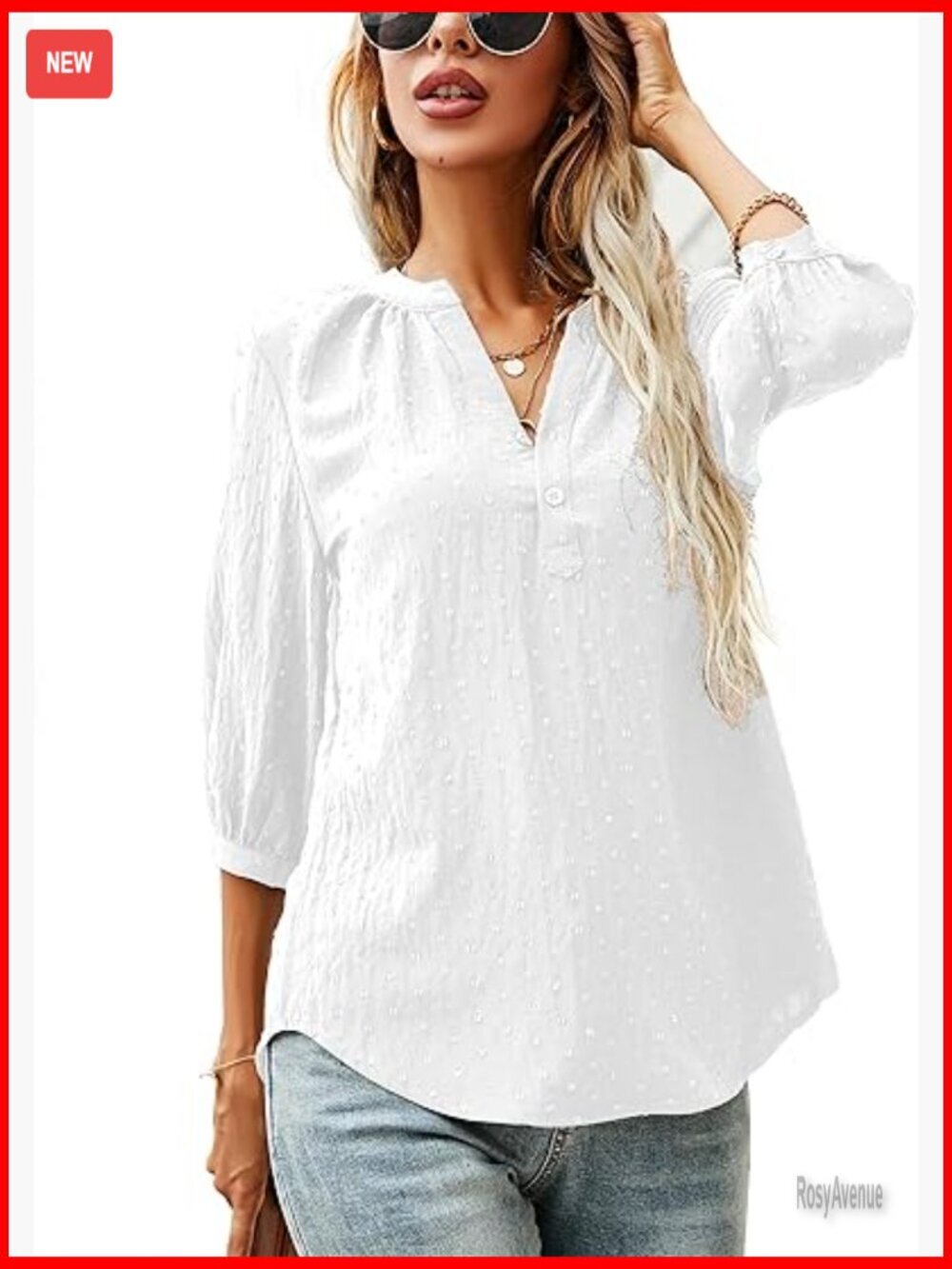 Women's Swiss Dot 3/4 Sleeve Henley V-Neck Button Up Blouse Tunic Top